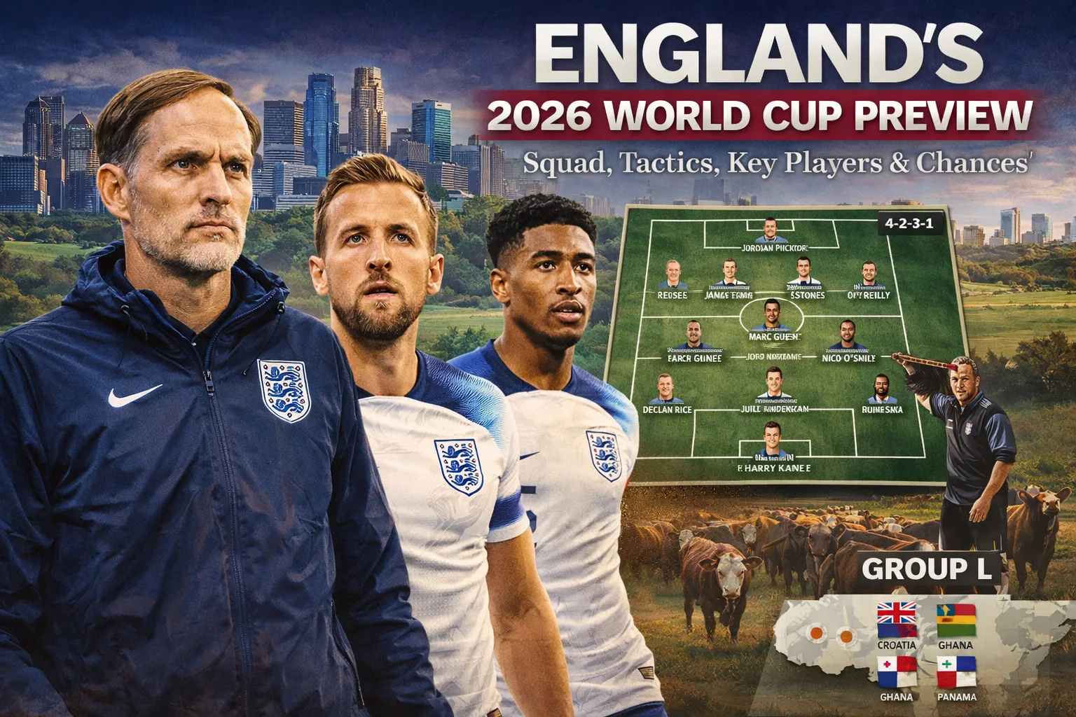 Banner image for an England 2026 World Cup preview showing Thomas Tuchel, Harry Kane, Jude Bellingham and Bukayo Saka, with a tactical board, Group L graphic, and a tournament-themed background.