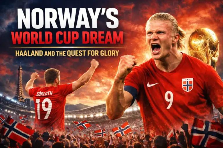 Erling Haaland celebrating in a Norway shirt with a packed stadium and Norway flags in a dramatic hero banner for Norway’s 2026 World Cup campaign.