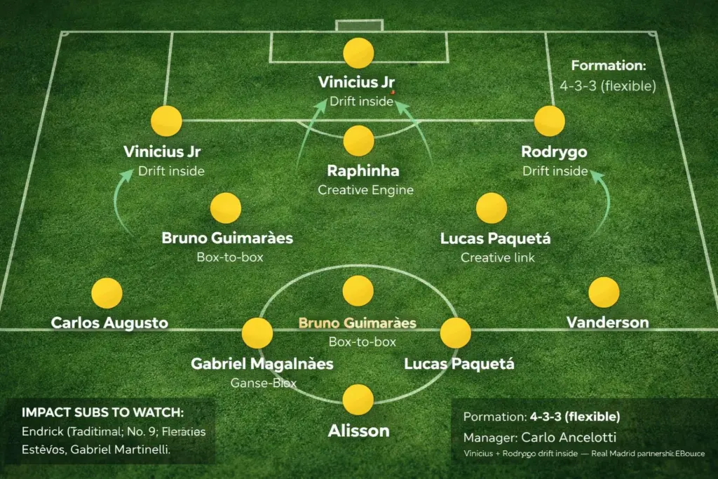 Brazil’s projected 4-3-3 under Ancelotti: Vinicius and Rodrygo drift inside, with Raphinha operating as the false 9 / creative engine.