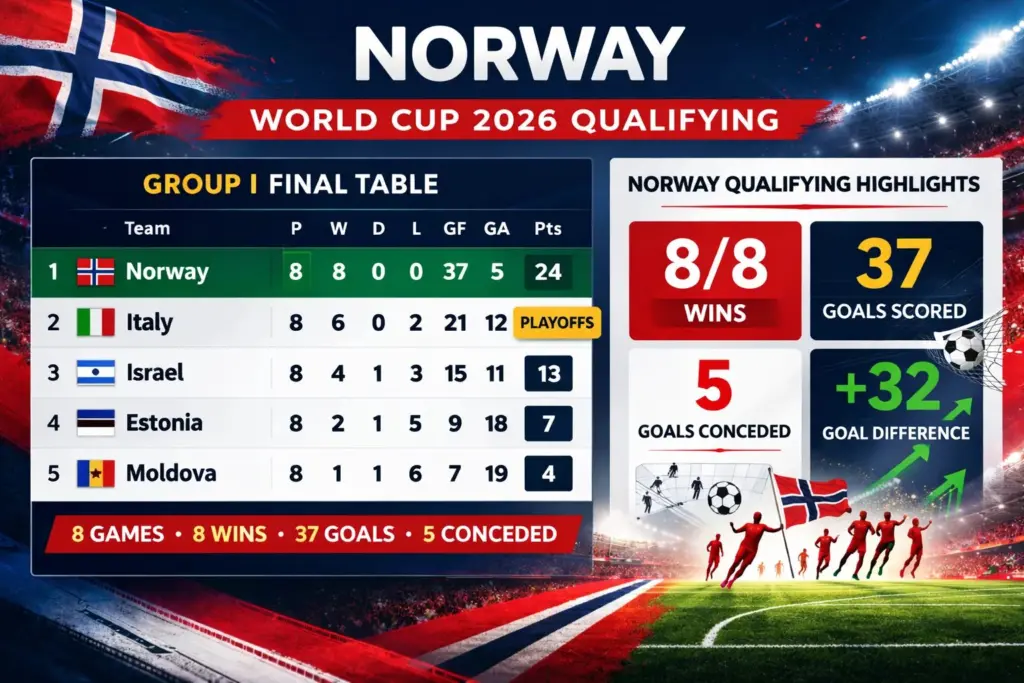 Norway's perfect qualifying record for the 2026 World Cup showing 8 wins from 8, 37 goals scored, 5 conceded.