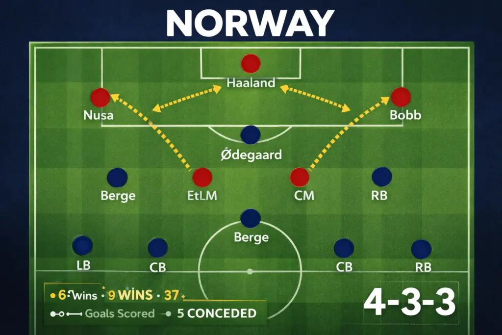 Tactical diagram showing Norway's 4-3-3 formation with Haaland at centre forward and Ødegaard as the creative pivot for the 2026 World Cup.