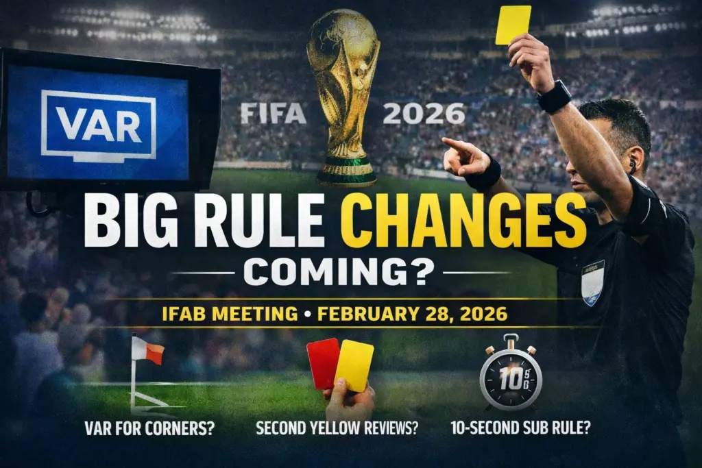 VAR and IFAB 2026 rule changes banner showing a referee, VAR screen, and key proposals like corner reviews, second-yellow factual error checks, and a 10-second substitution rule.