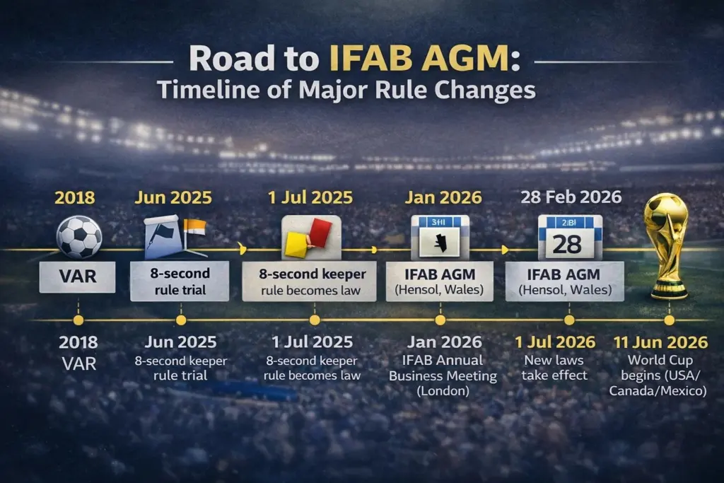 Timeline of key VAR and match-flow rule milestones leading to the Feb 28, 2026 IFAB AGM and the 2026 World Cup.