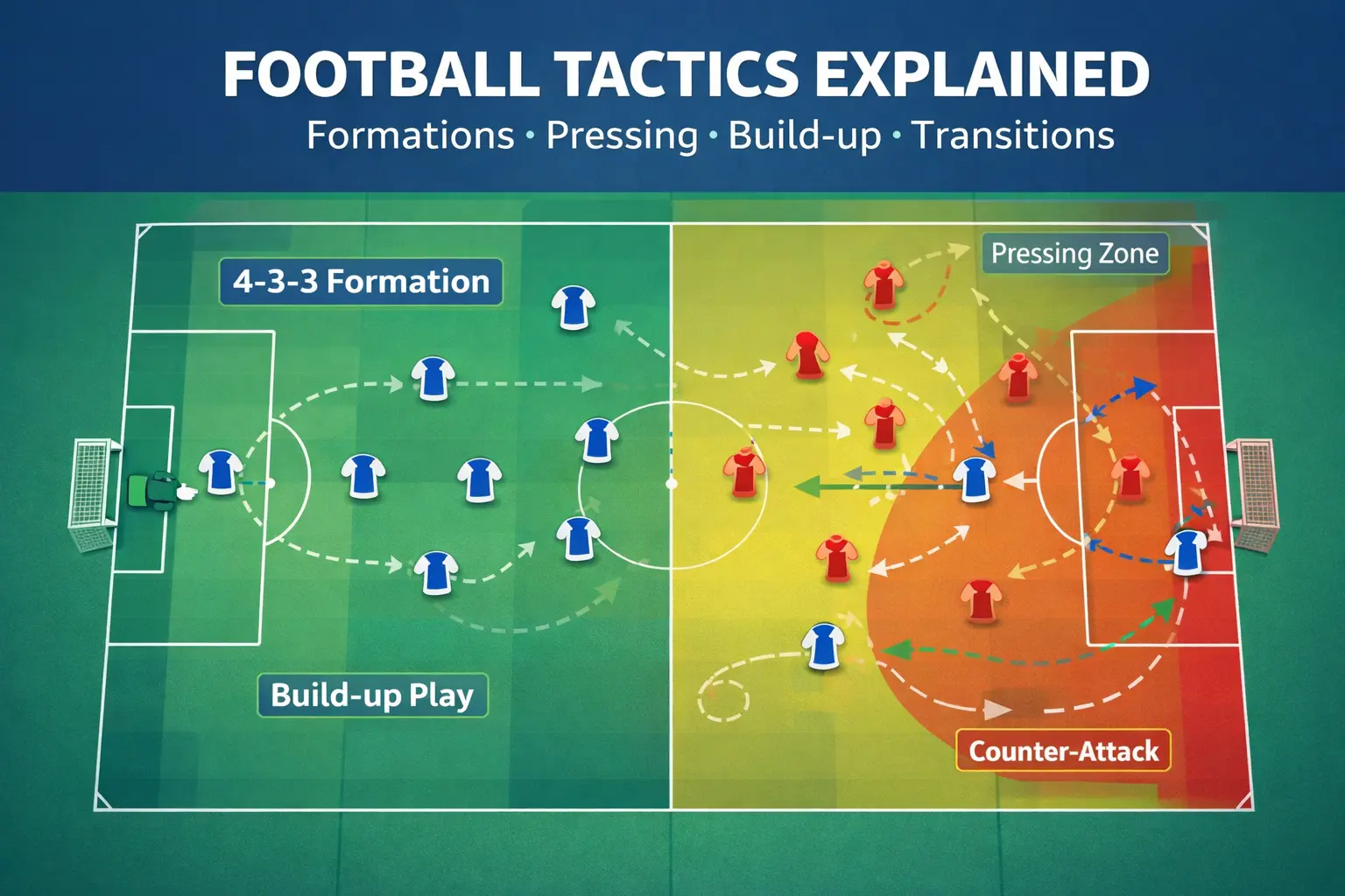 Football Tactics Explained: A Complete Beginner's Guide (2026 World Cup) - Ultimate Tactical Guide 1 Banner image showing a top-down football pitch with a 4-3-3 formation, pressing zone, build-up play arrows, and counter-attack routes.