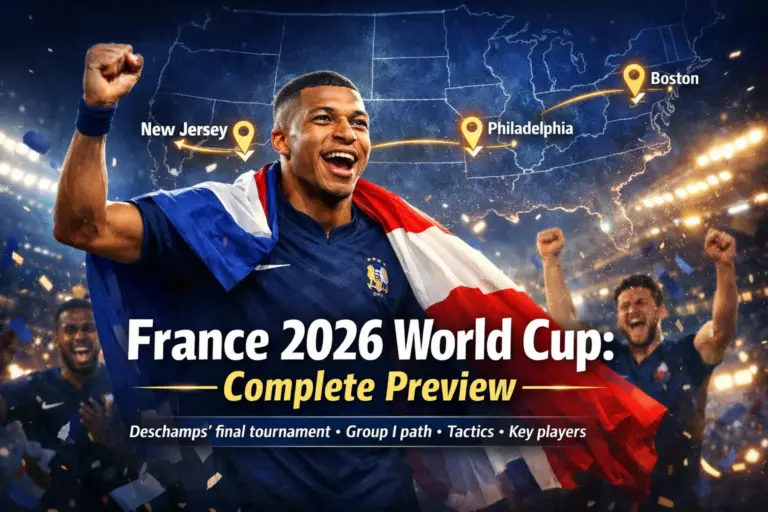 France national team celebrating with Kylian Mbappé holding a tricolor flag, superimposed over a map of the USA with markers for New Jersey, Philadelphia, and Boston, with text overlay reading "France 2026 World Cup: Complete Preview"
