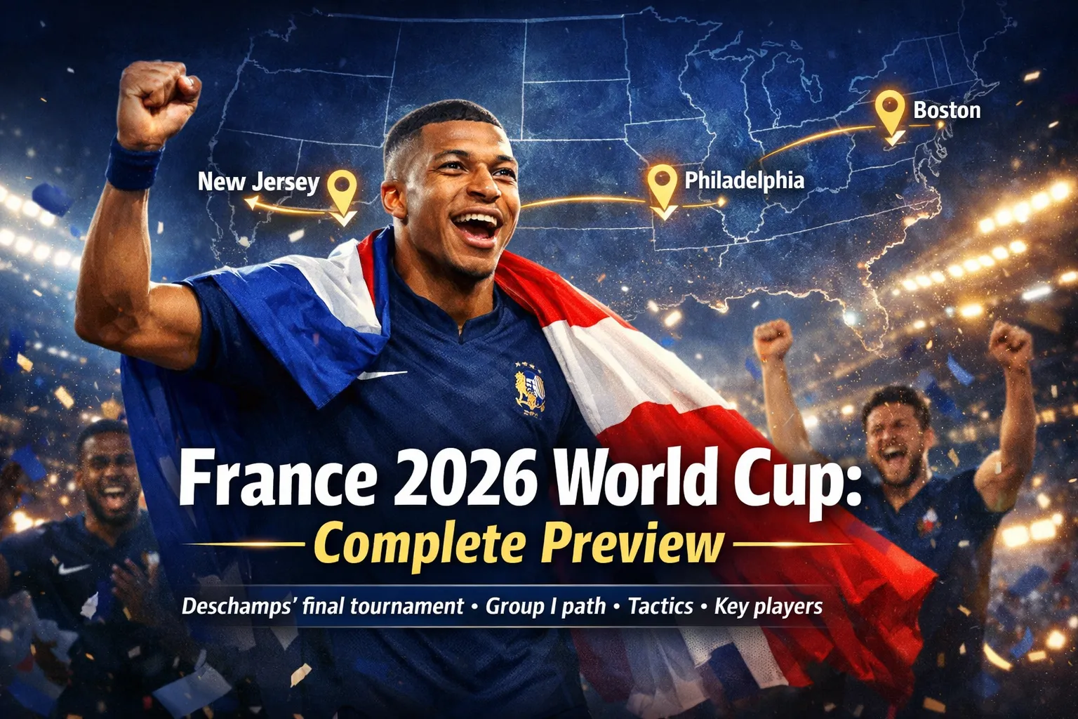 France national team celebrating with Kylian Mbappé holding a tricolor flag, superimposed over a map of the USA with markers for New Jersey, Philadelphia, and Boston, with text overlay reading "France 2026 World Cup: Complete Preview"