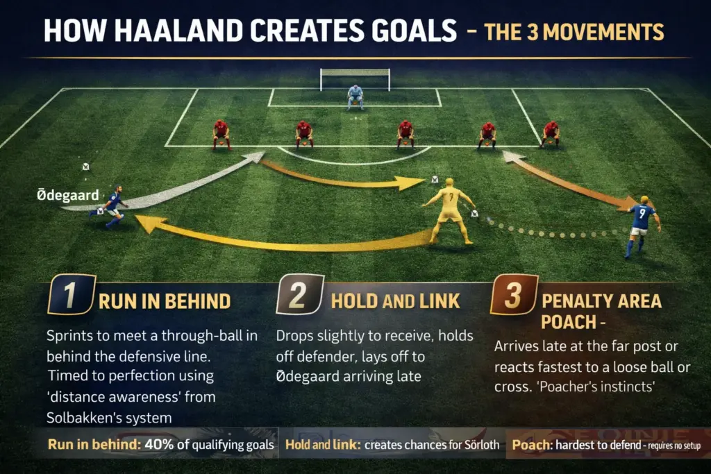 Tactical football diagram showing Erling Haaland’s three attacking movement patterns: run in behind, hold and link, and penalty-area poach.