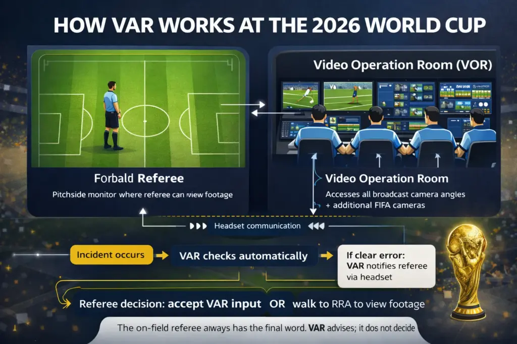 Infographic showing how VAR works at the 2026 World Cup, including the on-field referee, Video Operation Room, headset communication, and final decision process.