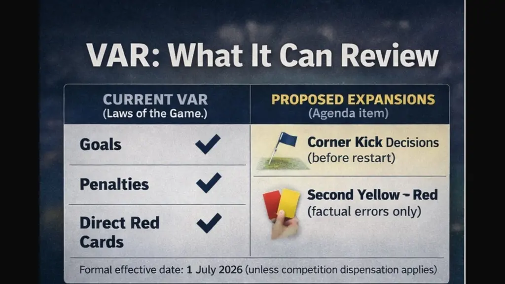 Infographic showing IFAB’s current VAR review categories and the proposed 2026 expansions for corners and second yellow cards.