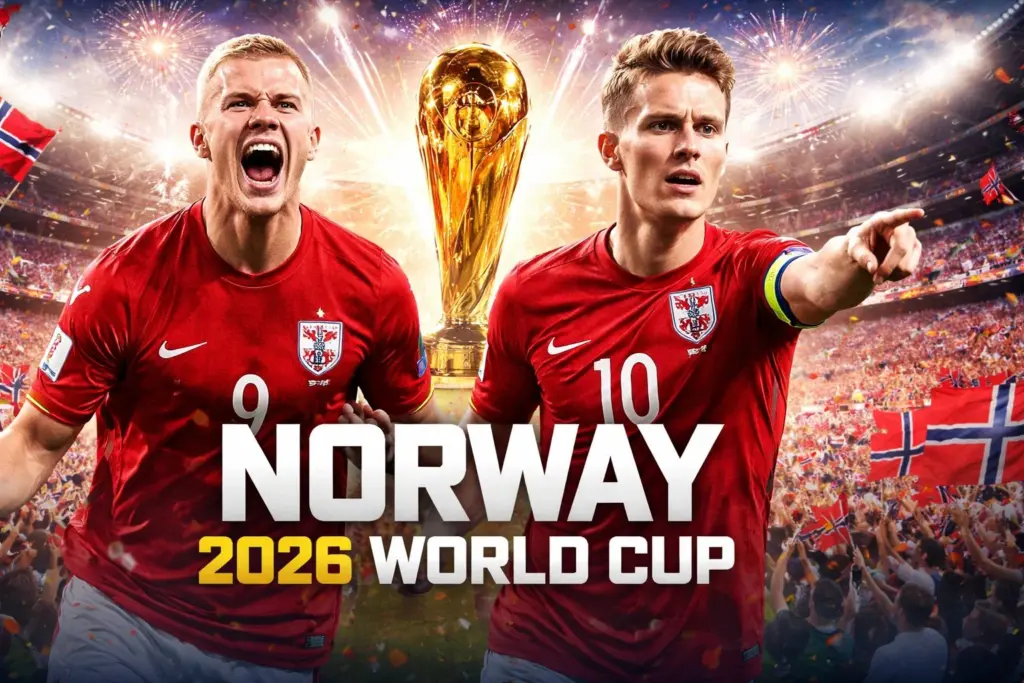 Norway at the 2026 World Cup banner featuring Erling Haaland and Martin Ødegaard ahead of Group I matches.