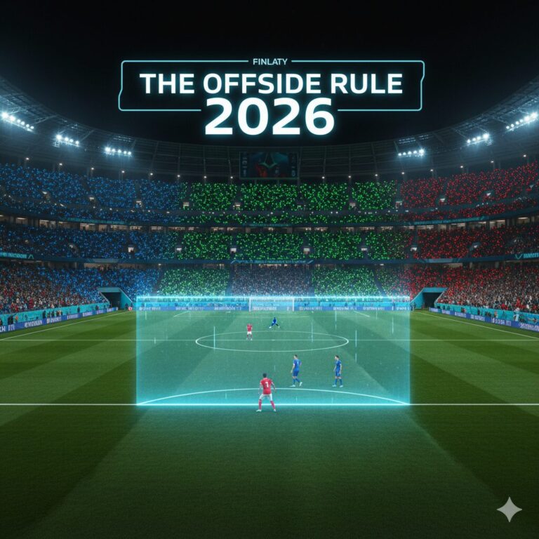Offside Rule Explained: How It Works, What's Changed and What to Watch at the 2026 World Cup 7 A high-tech 2026 World Cup stadium background with a holographic 3D offside line glowing on the pitch.