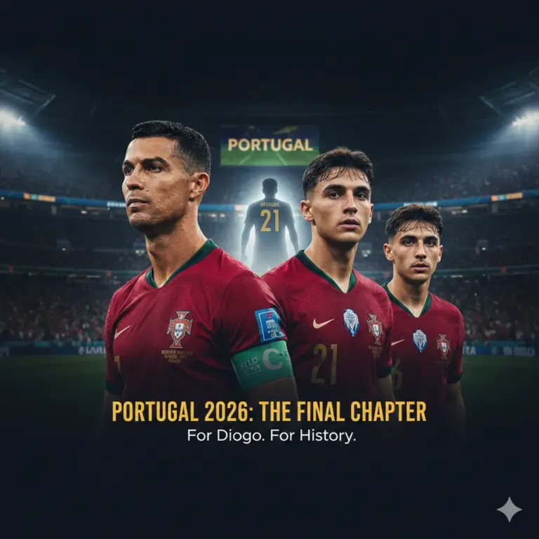 1-year-old Cristiano Ronaldo and Portugal's new generation of players standing in a stadium for the 2026 World Cup preview.