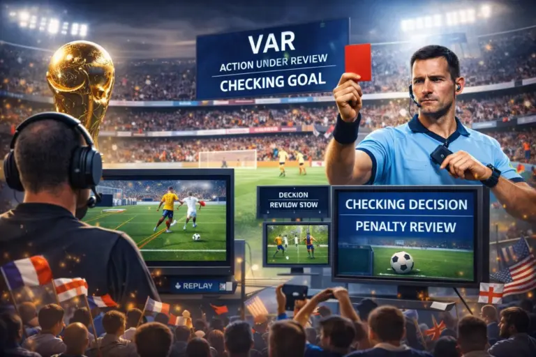 VAR World Cup 2026 Explained: How It Works, When It's Used and What to Expect 6 Stadium-style VAR 2026 banner showing a referee, VAR screens, and a match under review in a packed World Cup atmosphere.