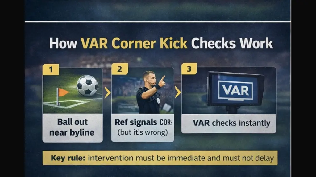Step-by-step diagram showing how a VAR corner decision check would be corrected before the restart.
Caption: How a corner/goal-kick correction would work — only before play restarts.