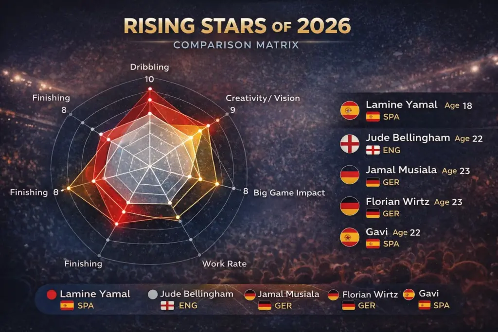 Radar chart infographic comparing top five under-23 World Cup 2026 rising stars across key football attributes