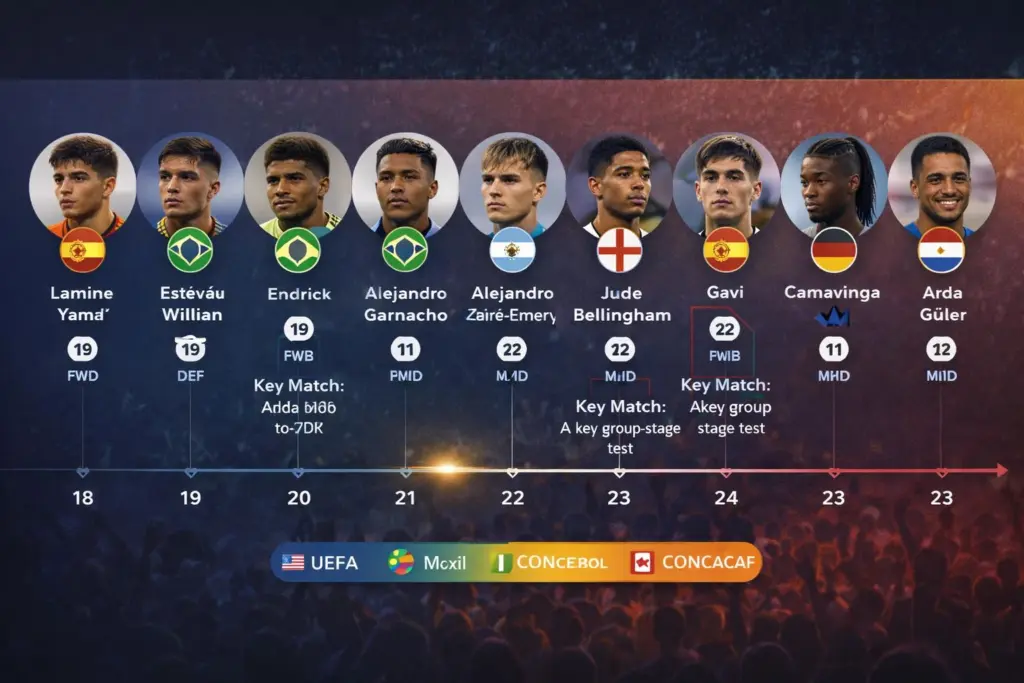 Age timeline infographic showing under-23 rising stars at the 2026 World Cup arranged from youngest to oldest