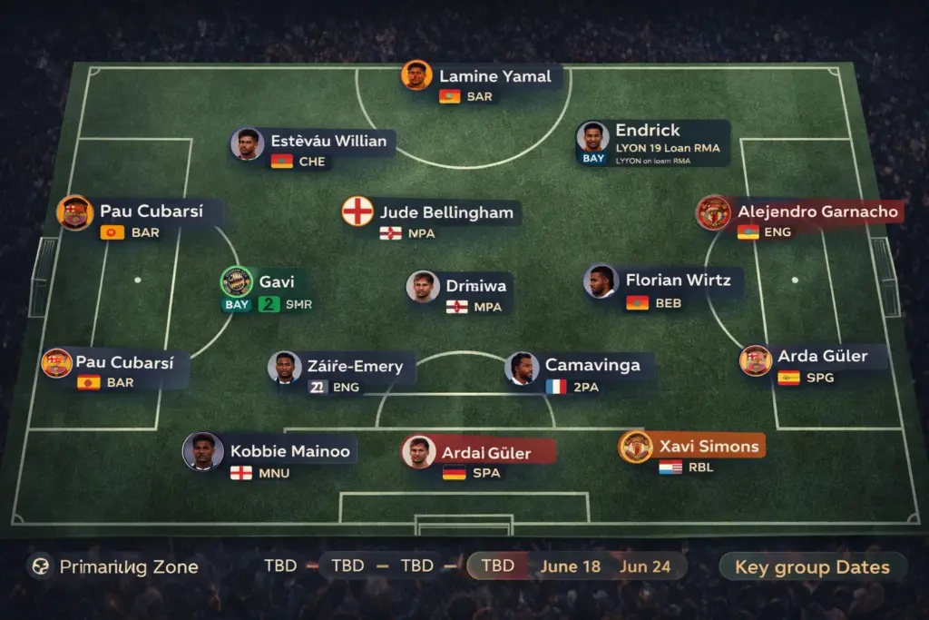 Pitch map infographic showing the primary positions of under-23 rising stars at the 2026 World Cup