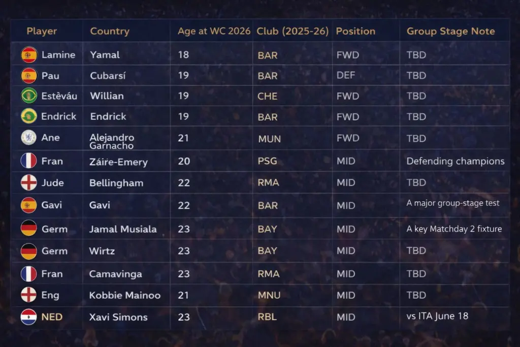 Reference table infographic listing under-23 rising stars for World Cup 2026 with age, club, position, and notes