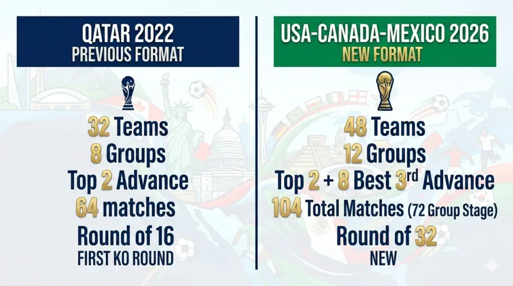 Comparison infographic showing the old 32-team, 8-group World Cup format alongside the new 48-team, 12-group format for 2026, including 72 group-stage matches and the Round of 32.