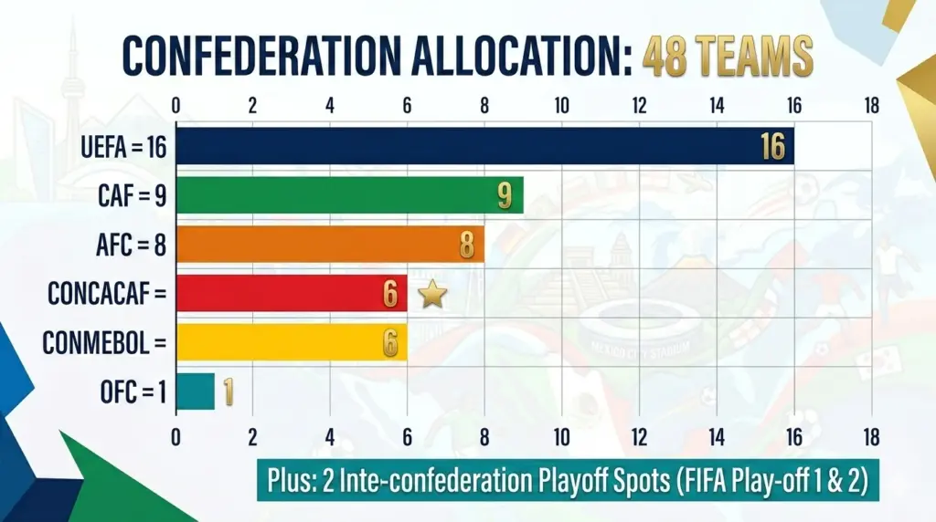 Bar chart showing 2026 World Cup team allocation by confederation: UEFA 16, CAF 9, AFC 8, CONCACAF 6, CONMEBOL 6, OFC 1, plus 2 inter-confederation playoff spots.
