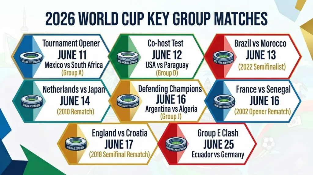 Key group stage matches graphic for the 2026 World Cup, highlighting notable fixtures including Mexico vs South Africa, Brazil vs Morocco, France vs Senegal, England vs Croatia, and Ecuador vs Germany.