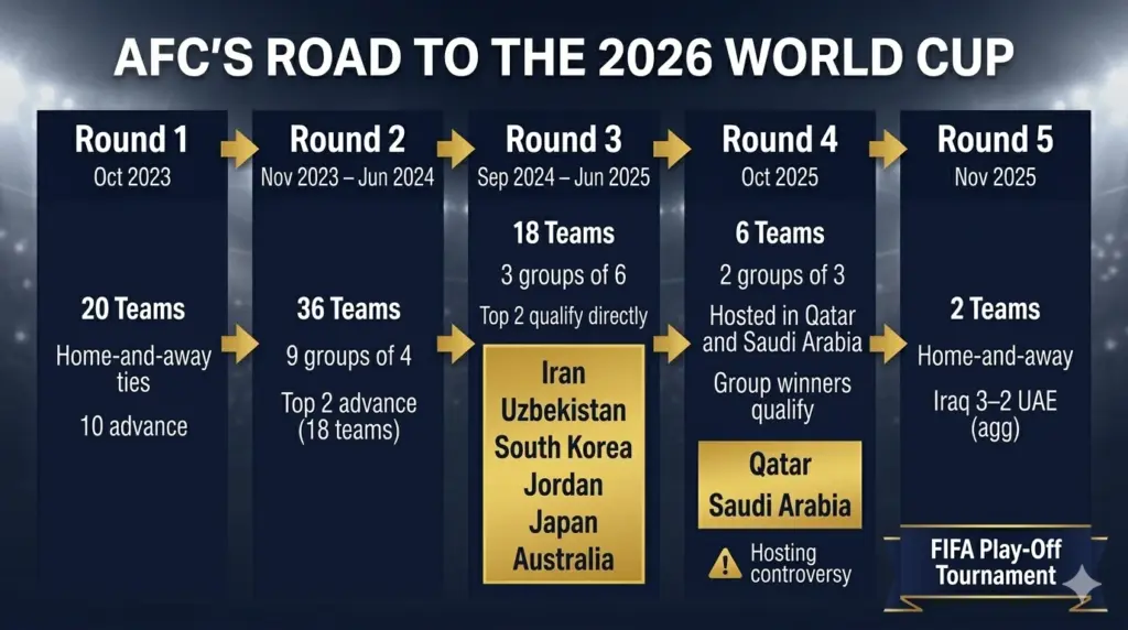 Flowchart showing the five rounds of AFC World Cup qualifying, listing dates, number of teams per round, and the nations that secured direct qualification.
