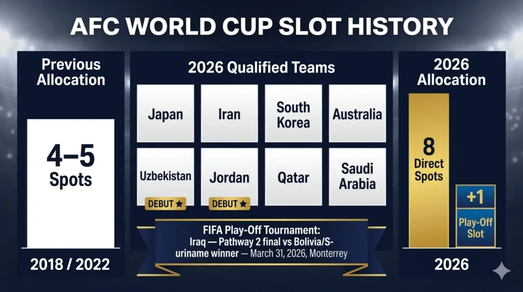 Infographic comparing Asia's previous 4-5 World Cup slots to the 2026 expansion of 8 direct spots, including a list of the 8 qualified teams and Iraq's play-off path.