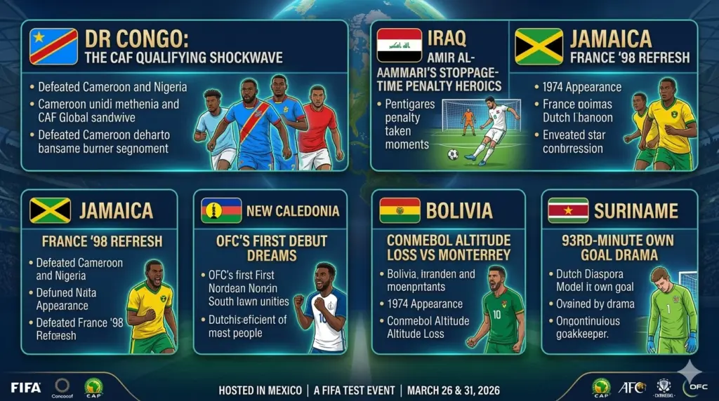 A wide, dynamic vertical infographic designed as an 'editorial package' within the main graphic aesthetic. It features six distinct, bordered panels arranged in three rows, with two panels per row, using the deep blues, golds, vibrant greens, and reds, and subtle globe texture from image_0.png. Each panel has a large country flag (e.g., DR Congo with its blue, red stripe, yellow star) and a bold heading: 'DR CONGO: THE CAF QUALIFYING SHOCKWAVE'; 'IRAQ: AMIR AL-AMMARI'S STOPPAGE-TIME PENALTY HEROICS'; 'JAMAICA: FRANCE '98 REFRESH'; 'NEW CALEDONIA: OFC'S FIRST DEBUT DREAMS'; 'BOLIVIA: CONMEBOL ALTITUDE LOSS VS MONTERREY'; 'SURINAME: 93RD-MINUTE OWN GOAL DRAMA'. Below these titles, concise, bulleted text in a modern white sans-serif font summarizes key narrative details mentioned in the article (e.g., 'Defeated Cameroon and Nigeria', '1974 Appearance', 'Dutch Diaspora Model'). Stylized illustrations of determined football players and significant moments (like a penalty being taken) are integrated into the panels with glowing outlines, mirroring the celebration graphics in image_0.png. The entire layout is structured, clean, and professional, designed to be used as a reference.
