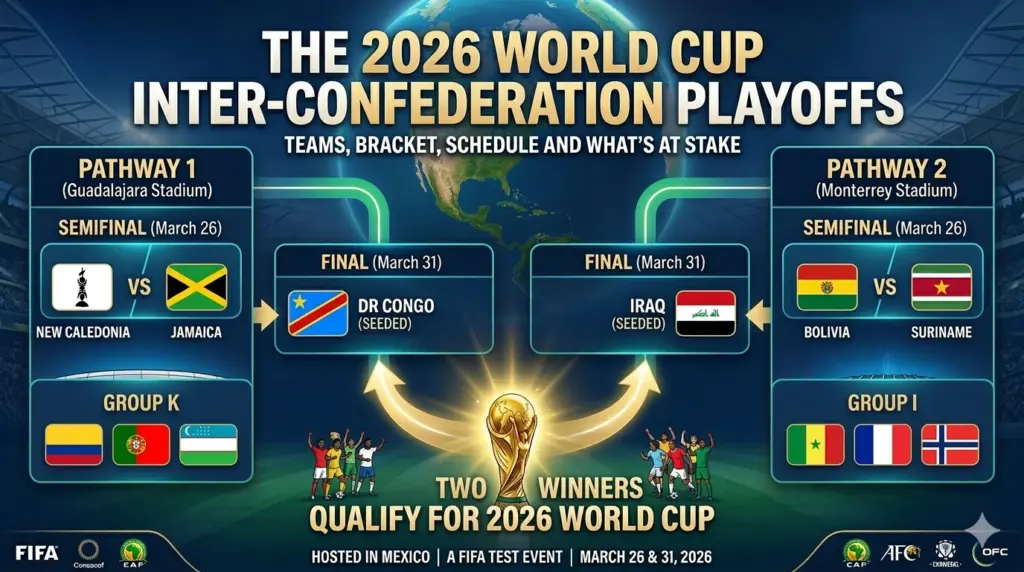 A detailed graphic banner for the 2026 World Cup Inter-Confederation Playoffs. It features a central title, 'THE 2026 WORLD CUP INTER-CONFEDERATION PLAYOFFS', with a subtitle 'TEAMS, BRACKET, SCHEDULE AND WHAT'S AT STAKE'. A split bracket shows 'PATHWAY 1 (Guadalajara Stadium)' with a semifinal between New Caledonia and Jamaica, leading to a final against DR Congo (Seeded), and 'PATHWAY 2 (Monterrey Stadium)' with a semifinal between Bolivia and Suriname, leading to a final against Iraq (Seeded). Logos for FIFA and the participating confederations are at the bottom, and the bottom center text reads 'TWO WINNERS QUALIFY FOR 2026 WORLD CUP'.