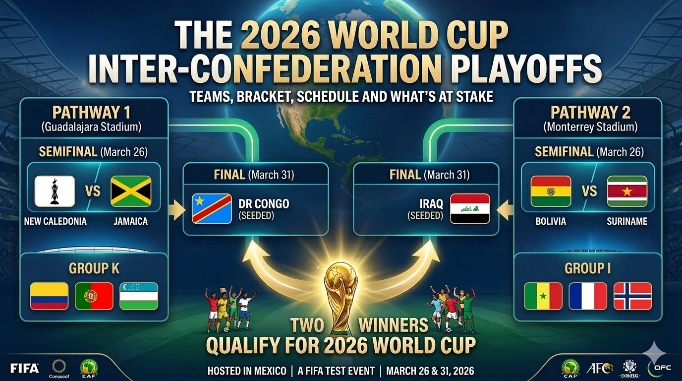 A detailed graphic banner for the 2026 World Cup Inter-Confederation Playoffs. It features a central title, 'THE 2026 WORLD CUP INTER-CONFEDERATION PLAYOFFS', with a subtitle 'TEAMS, BRACKET, SCHEDULE AND WHAT'S AT STAKE'. A split bracket shows 'PATHWAY 1 (Guadalajara Stadium)' with a semifinal between New Caledonia and Jamaica, leading to a final against DR Congo (Seeded), and 'PATHWAY 2 (Monterrey Stadium)' with a semifinal between Bolivia and Suriname, leading to a final against Iraq (Seeded). Logos for FIFA and the participating confederations are at the bottom, and the bottom center text reads 'TWO WINNERS QUALIFY FOR 2026 WORLD CUP'.