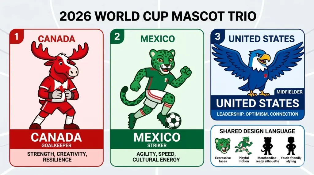 2026 World Cup mascot design breakdown showing Maple, Zayu and Clutch with their countries, colours and football roles