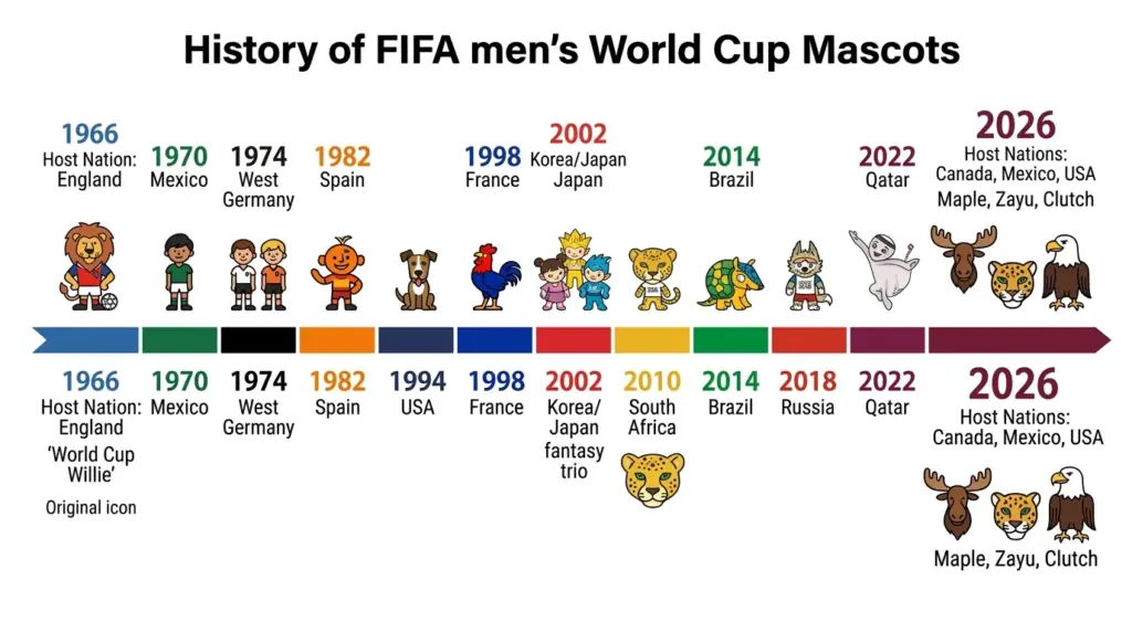 World Cup mascot timeline showing FIFA men’s World Cup mascots from World Cup Willie to Maple, Zayu and Clutch