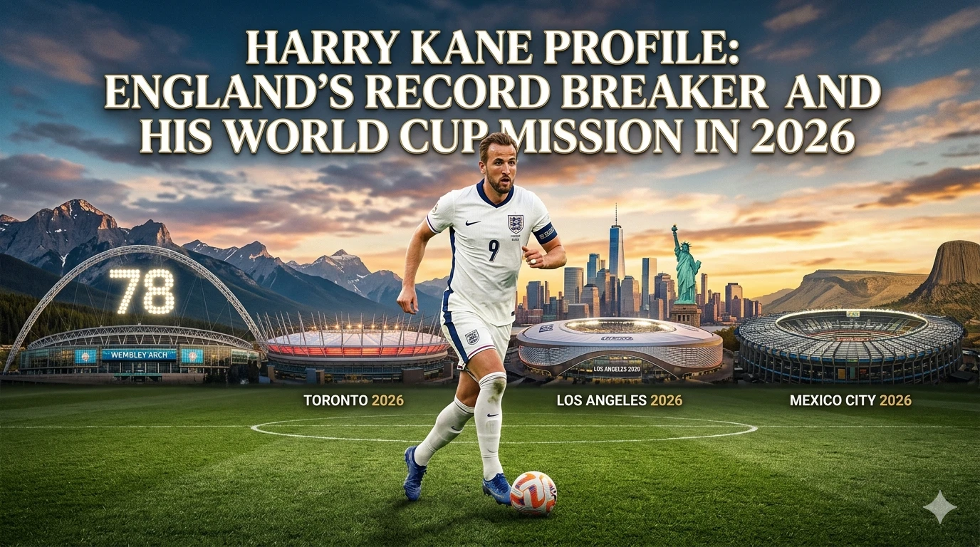 A promotional banner for the 2026 World Cup featuring Harry Kane, showcasing his 78 goals and his mission in North America.