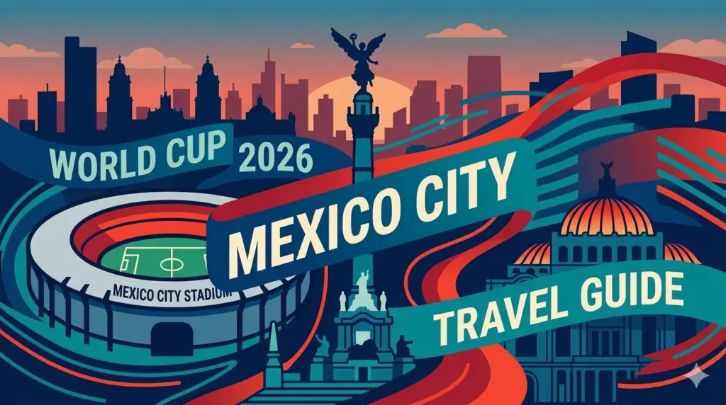A wide, modern illustration banner for the World Cup 2026 Mexico City travel guide. It features stylized silhouettes of Estadio Azteca, the Angel of Independence, and a Palacio de Bellas Artes dome, with bold, stylized title text and 2026 branding.