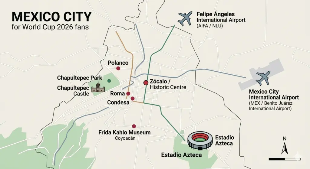 World Cup 2026 Mexico City travel map showing Estadio Azteca, key hotel districts, major attractions, and both MEX and AIFA airports