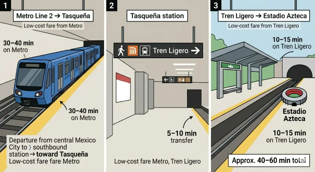 World Cup 2026 Mexico City transport guide showing how to reach Estadio Azteca by Metro Line 2 and Tren Ligero