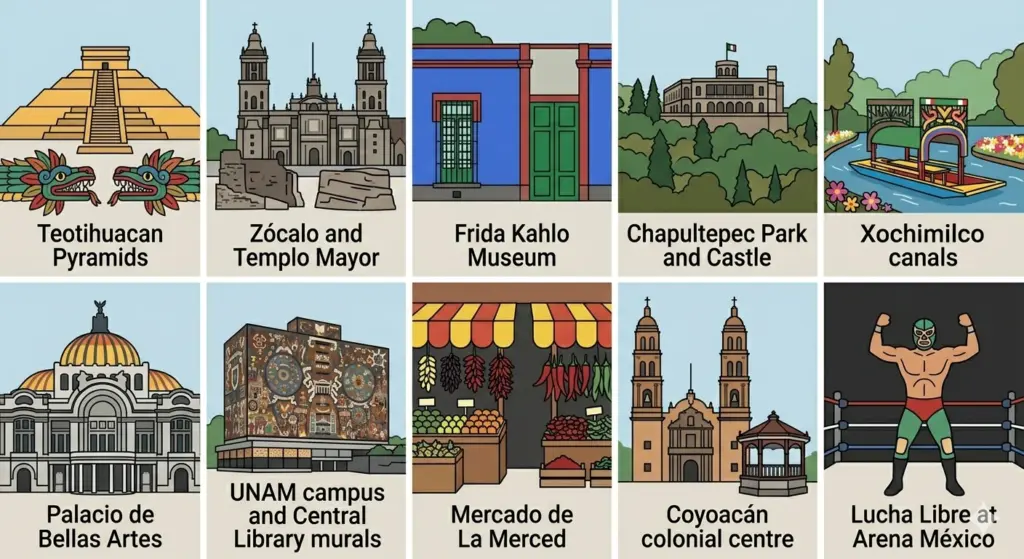 World Cup 2026 Mexico City attractions grid showing top things to do for football fans visiting CDMX