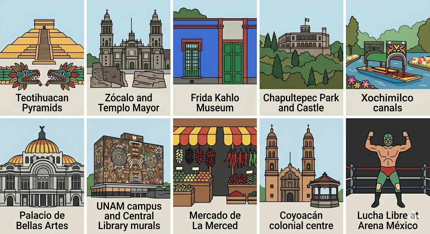 World Cup 2026 Mexico City attractions grid showing top things to do for football fans visiting CDMX