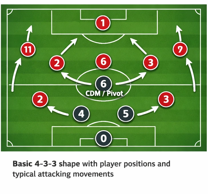 4-3-3 formation explained tactical pitch diagram showing numbered player positions and common movement arrows