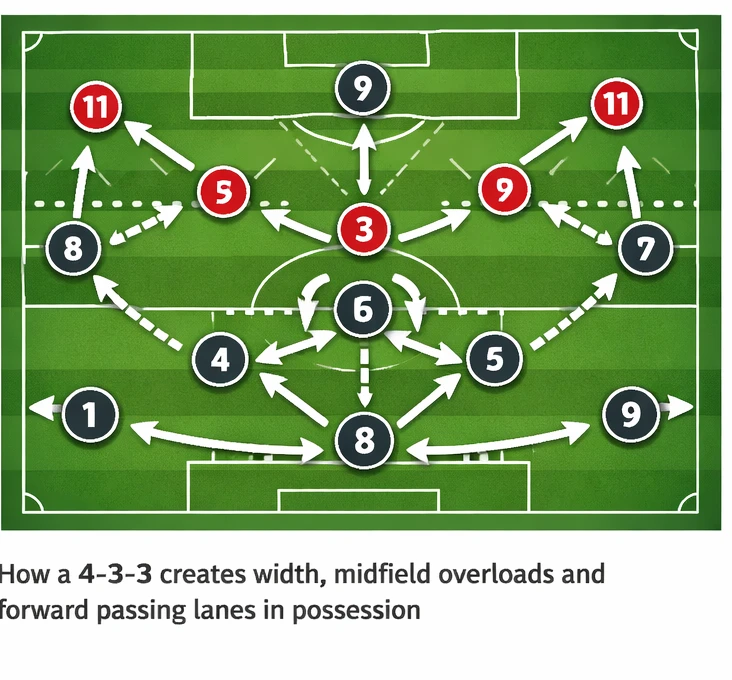 4-3-3 formation explained in-possession tactical diagram with fullbacks high, midfield overloads and front three movement