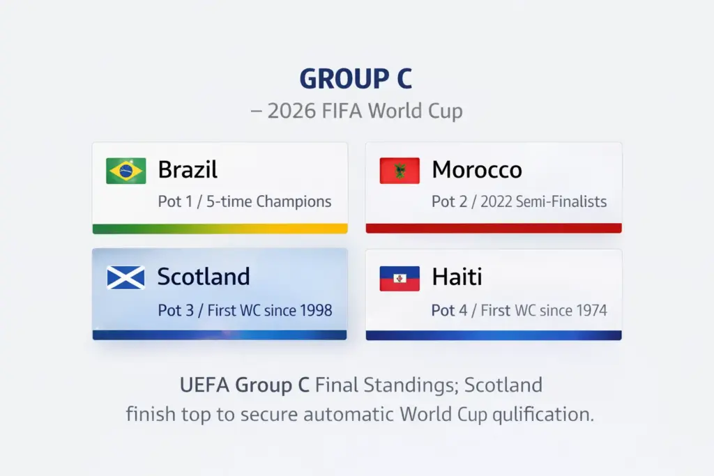 The 2026 World Cup Group C draw lineup featuring Brazil, Morocco, Scotland, and Haiti.