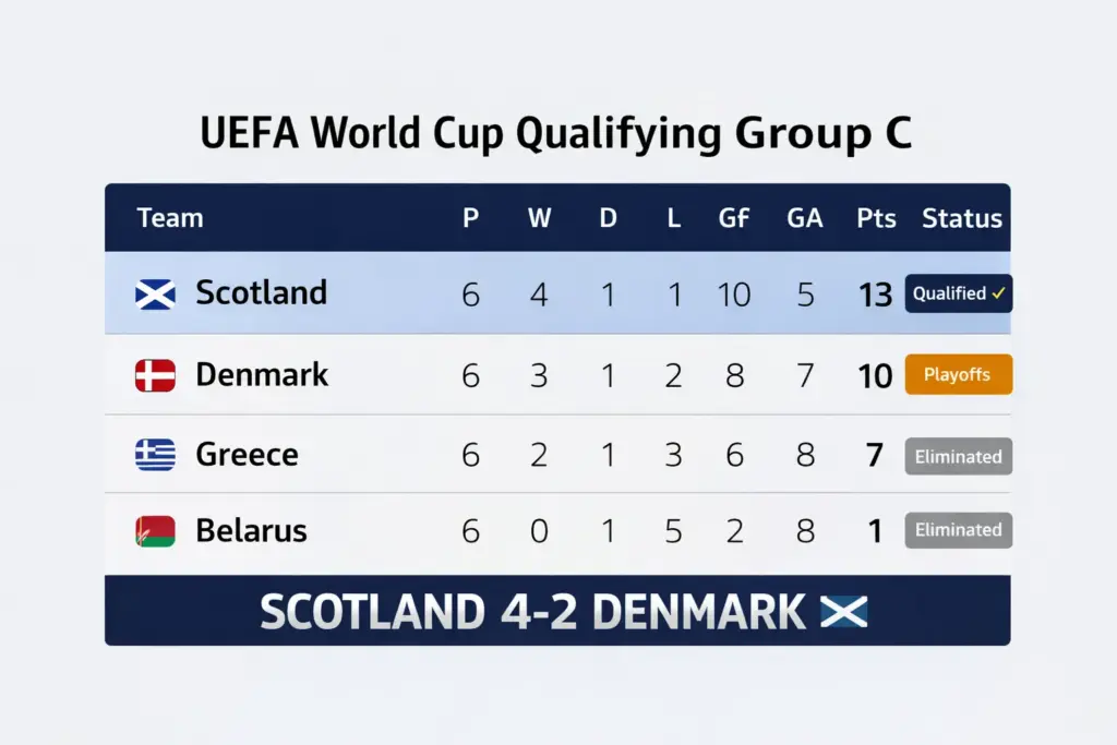 Final UEFA Group C qualifying standings table showing Scotland in first place with 13 points, directly qualifying for the 2026 World Cup ahead of Denmark in the playoffs.