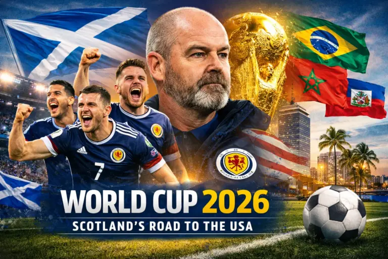 Scotland 2026 World Cup: Historic Return, Brazil Clash, and Tartan Army Triumph 7 Scotland-themed World Cup 2026 banner showing celebrating players, manager Steve Clarke, the World Cup trophy, and Group C rivals Brazil, Morocco, and Haiti.