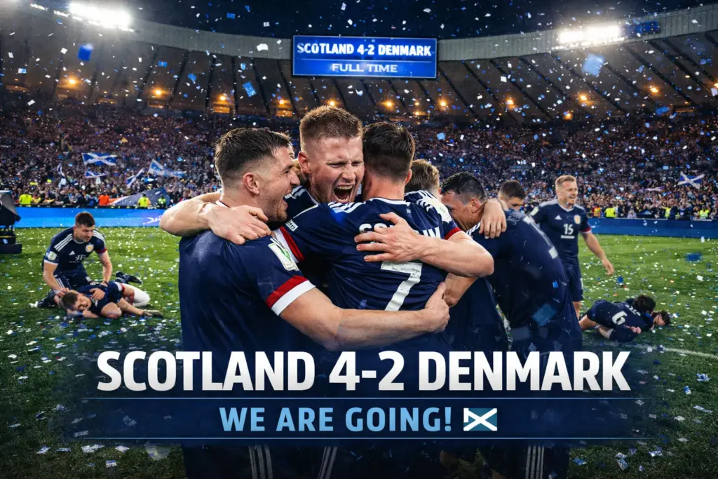 Scotland players celebrate a historic 4-2 win against Denmark at Hampden Park, securing their place at the 2026 World Cup.