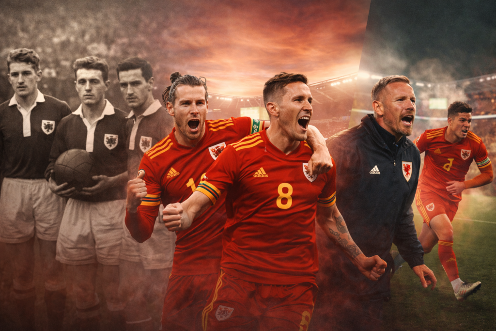 Composite image showing Wales football history from the 1958 World Cup team in black and white to the 2022 squad in Qatar and the current 2026 team under Craig Bellamy