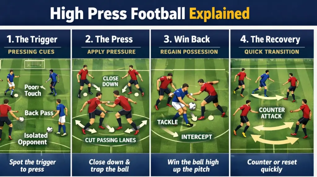 High press football explained: How the High Press Works: Football's Most Dominant Tactical Idea Explained 4 high press football explained four-phase diagram showing the trigger, the press, the win-back and the recovery phase