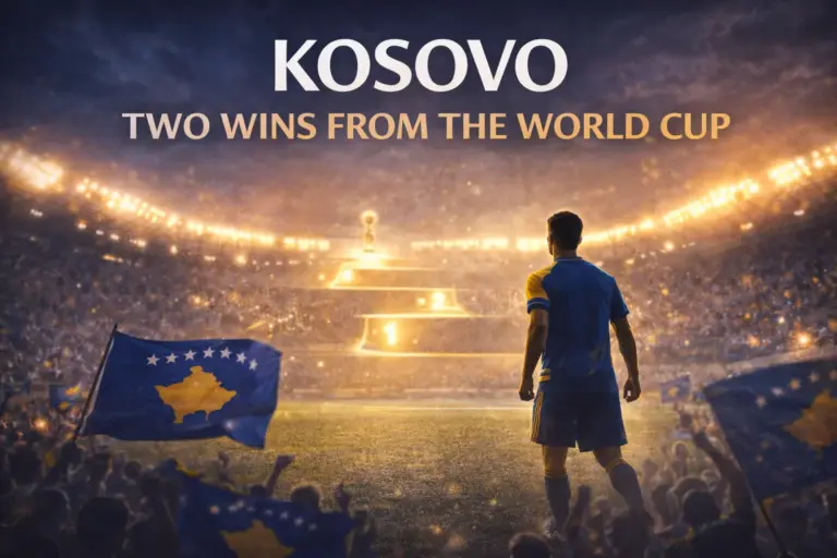 Kosovo at the 2026 World Cup: Football's Most Remarkable New Nation Story 5 Hero banner showing Kosovo as two wins away from the World Cup, with a dramatic stadium scene and a player silhouette facing the pitch.