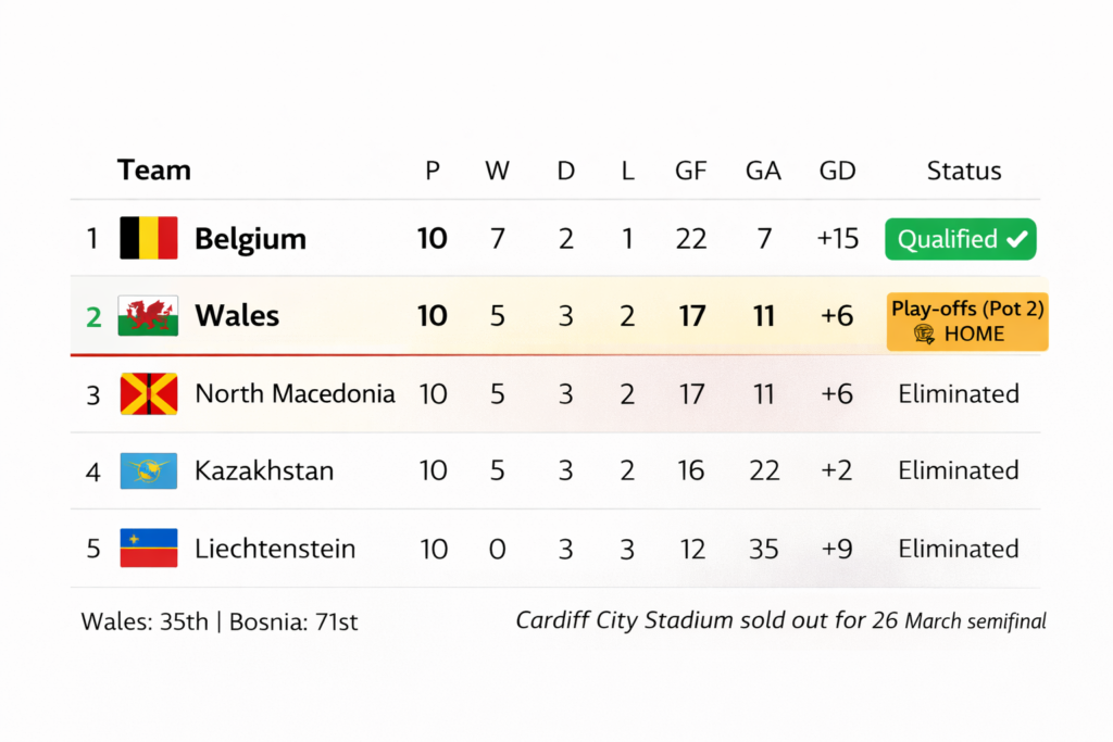 Final UEFA Group J qualifying standings showing Belgium qualifying directly and Wales advancing to the 2026 World Cup play-offs with home advantage. Wales ranked 35th, Bosnia ranked 71st.
