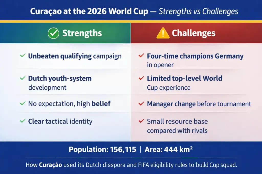 Curaçao World Cup 2026 strengths vs challenges graphic comparing the team's unbeaten qualifying run, Dutch football development, and tactical identity against the tough Group E obstacles