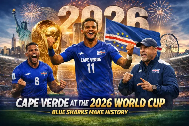 Cape Verde at the 2026 World Cup banner showing Blue Sharks players celebrating with the Cape Verde flag and a dramatic stadium backdrop.